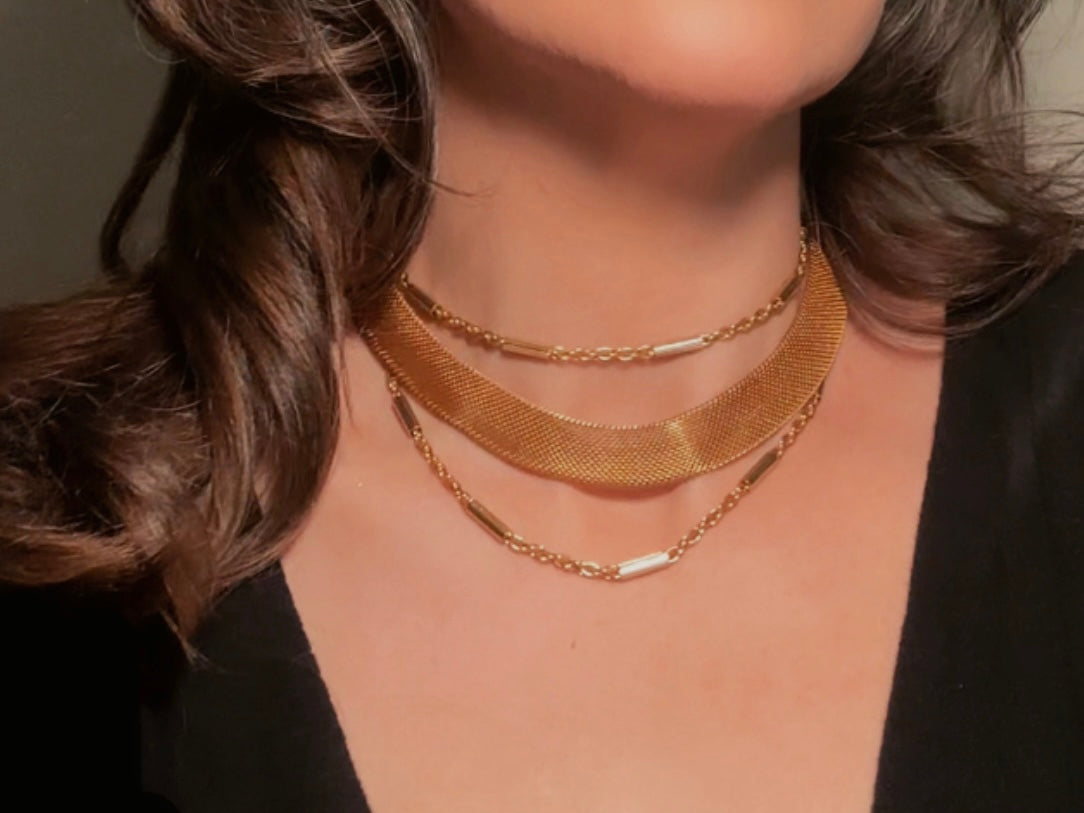 Gold Mesh Choker Necklace, 80s Vintage Woven Fine Chain Collar Necklace