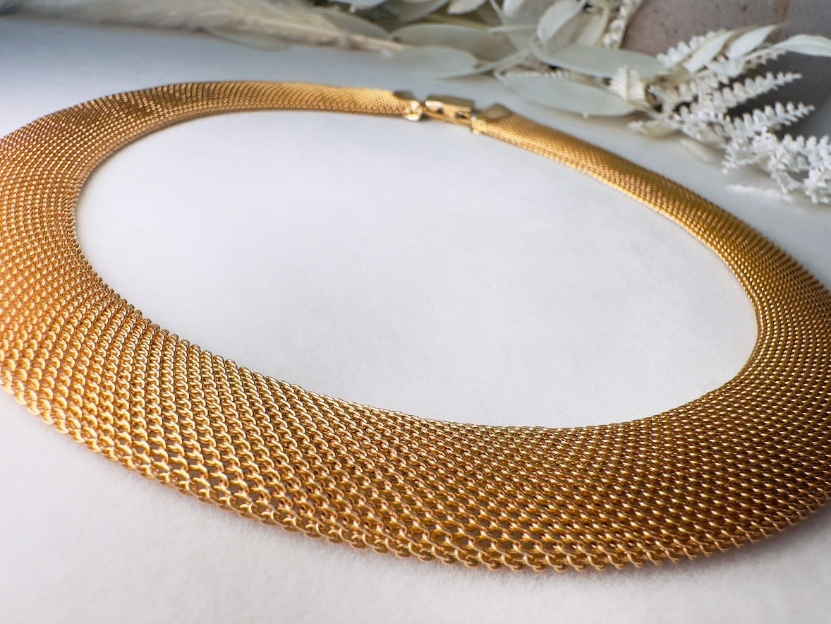 Gold Mesh Choker Necklace, 80s Vintage Woven Fine Chain Collar Necklace