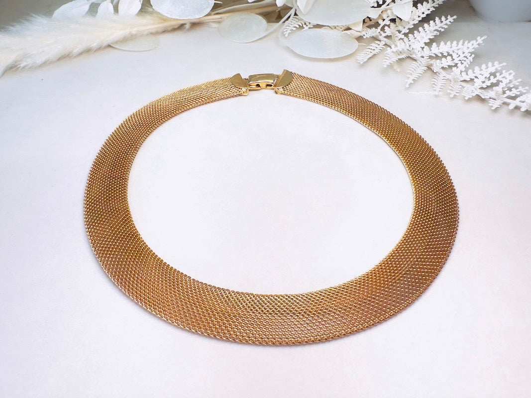 Gold Mesh Choker Necklace, 80s Vintage Woven Fine Chain Collar Necklace