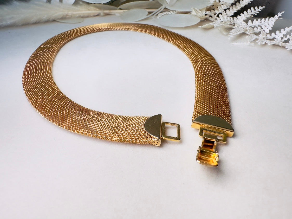 Gold Mesh Choker Necklace, 80s Vintage Woven Fine Chain Collar Necklace