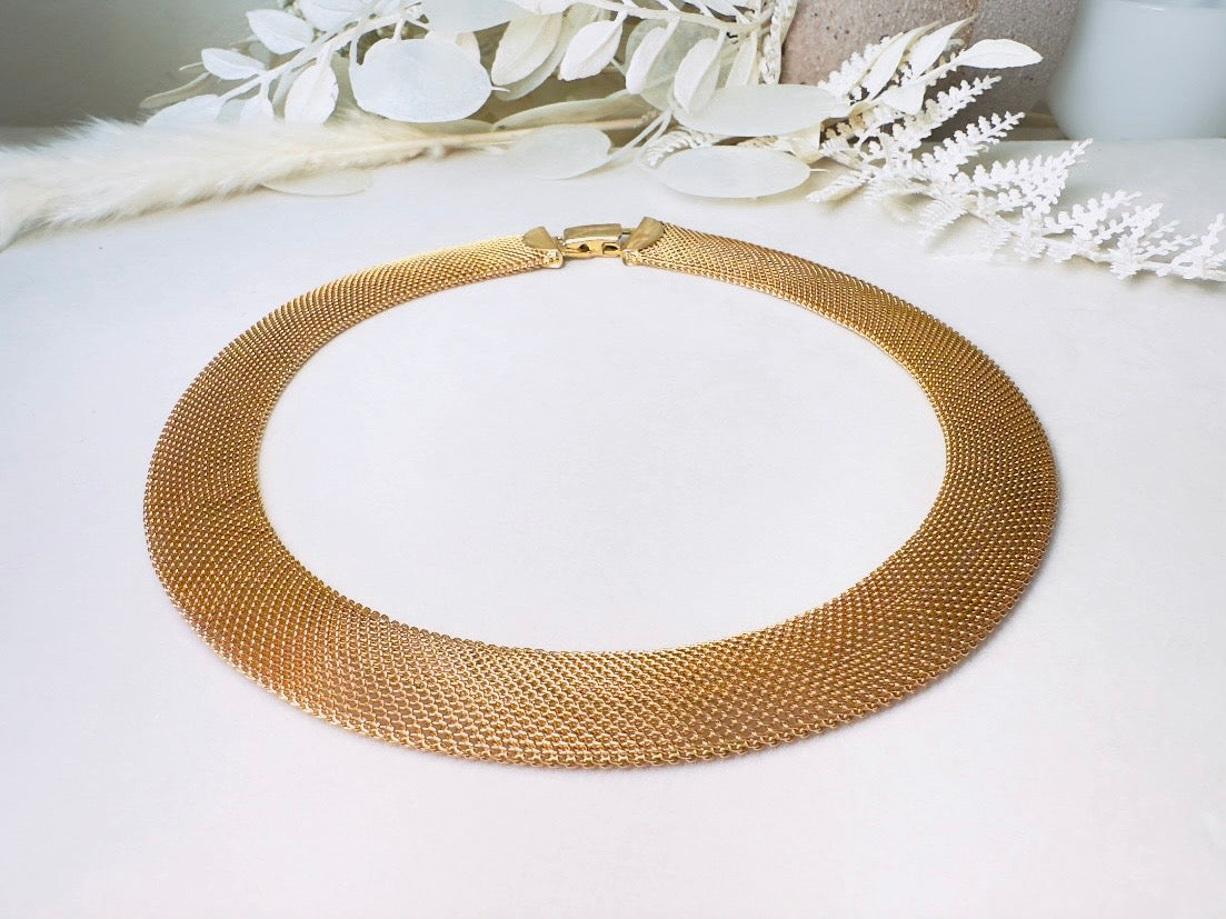 Gold Mesh Choker Necklace, 80s Vintage Woven Fine Chain Collar Necklace