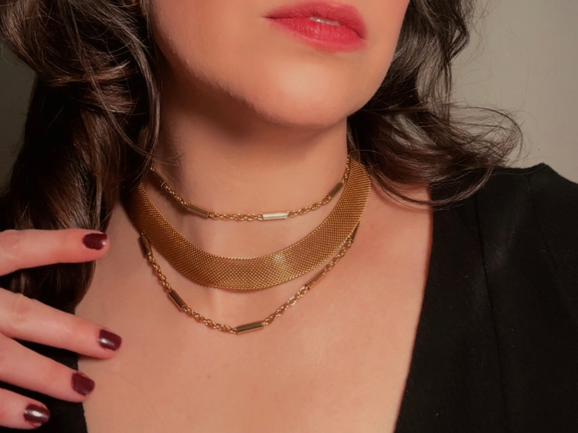 Gold Mesh Choker Necklace, 80s Vintage Woven Fine Chain Collar Necklace