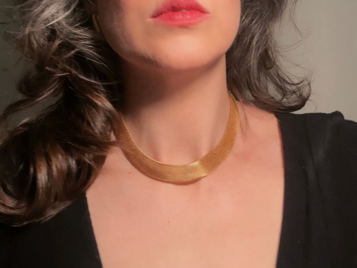Gold Mesh Choker Necklace, 80s Vintage Woven Fine Chain Collar Necklace