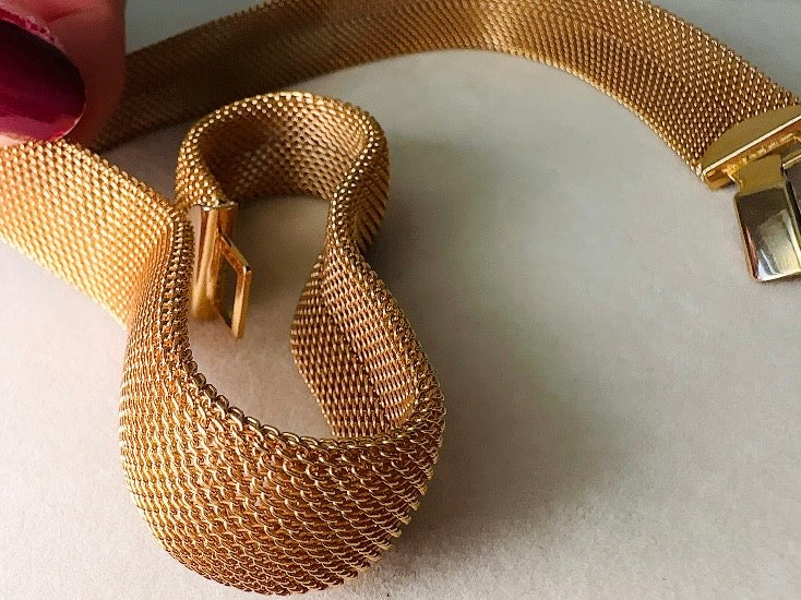 Gold Mesh Choker Necklace, 80s Vintage Woven Fine Chain Collar Necklace
