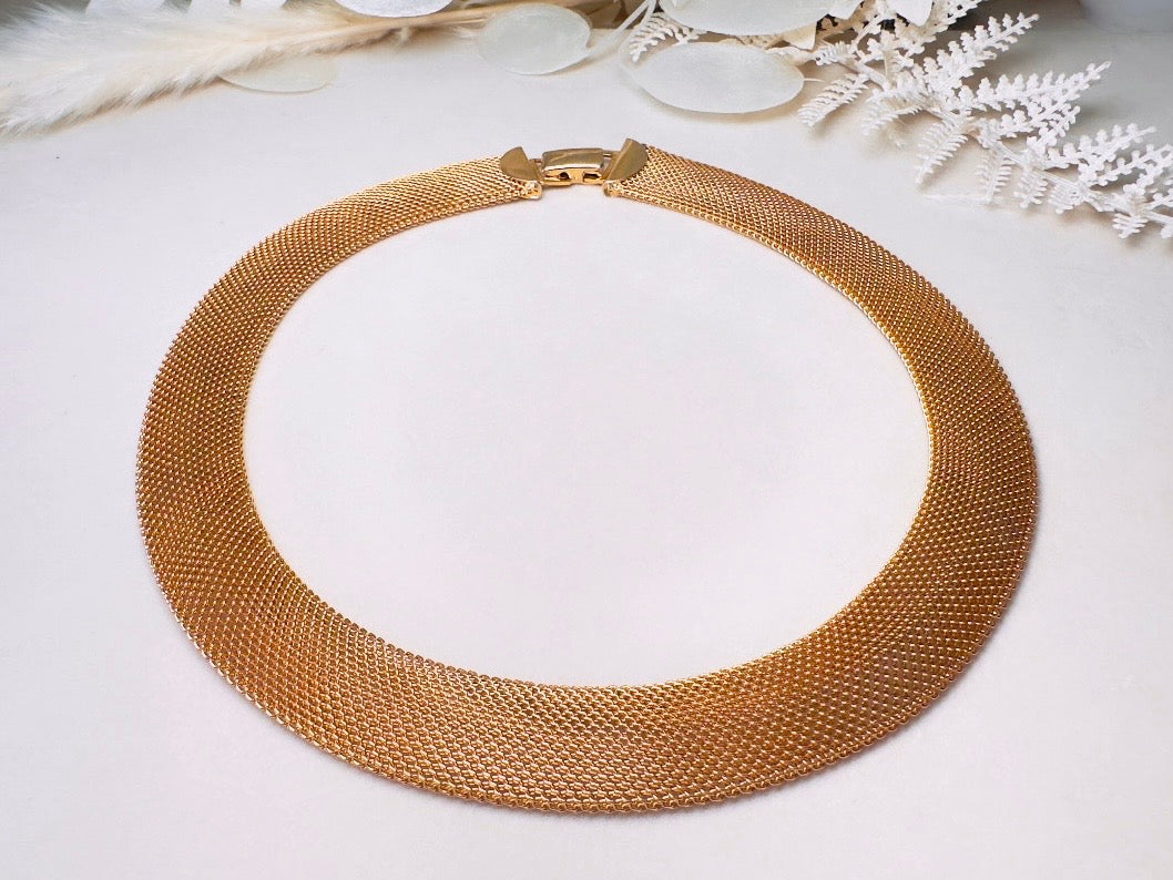 Gold Mesh Choker Necklace, 80s Vintage Woven Fine Chain Collar Necklace