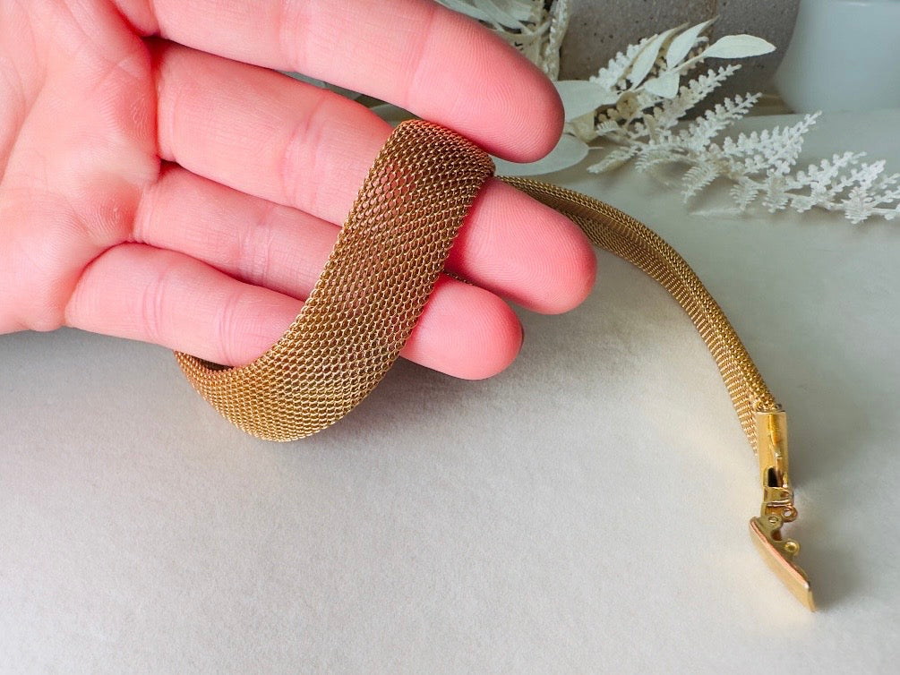 Gold Mesh Choker Necklace, 80s Vintage Woven Fine Chain Collar Necklace