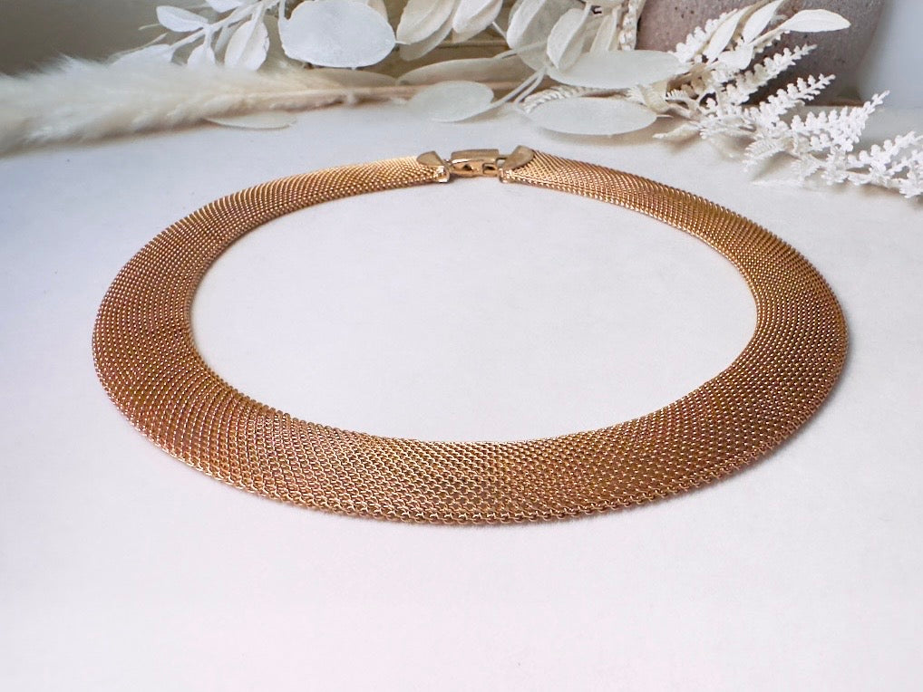 Gold Mesh Choker Necklace, 80s Vintage Woven Fine Chain Collar Necklace