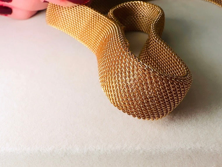 Gold Mesh Choker Necklace, 80s Vintage Woven Fine Chain Collar Necklace