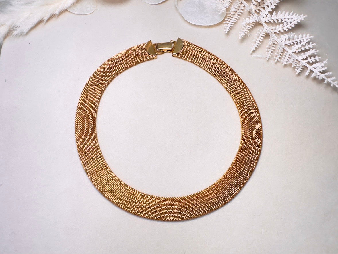 Gold Mesh Choker Necklace, 80s Vintage Woven Fine Chain Collar Necklace