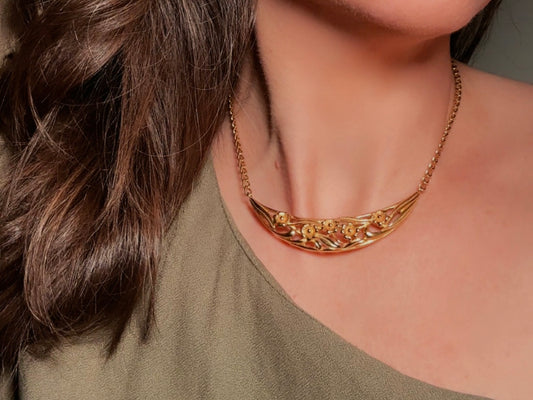 Gold Monet Flower Choker Necklace, Crescent Pendant with Floral Cut Out Design on Gold Chain