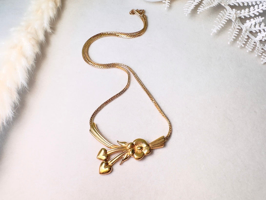 Gold Monet Flower Collar Necklace, Floral Pendant with Golden Hearts on Herringbone Chain