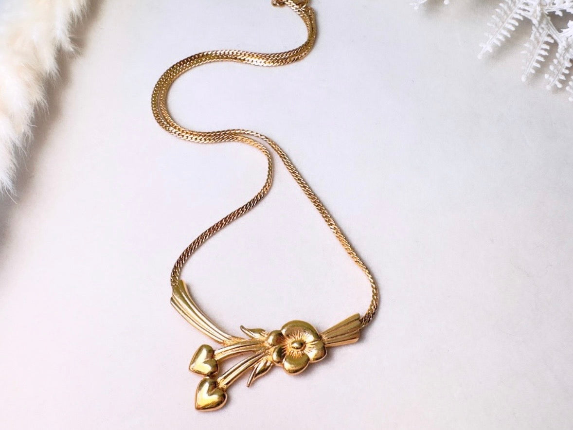 Gold Monet Flower Collar Necklace, Floral Pendant with Golden Hearts on Herringbone Chain