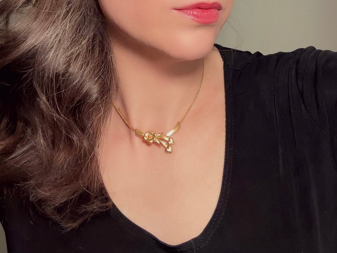 Gold Monet Flower Collar Necklace, Floral Pendant with Golden Hearts on Herringbone Chain