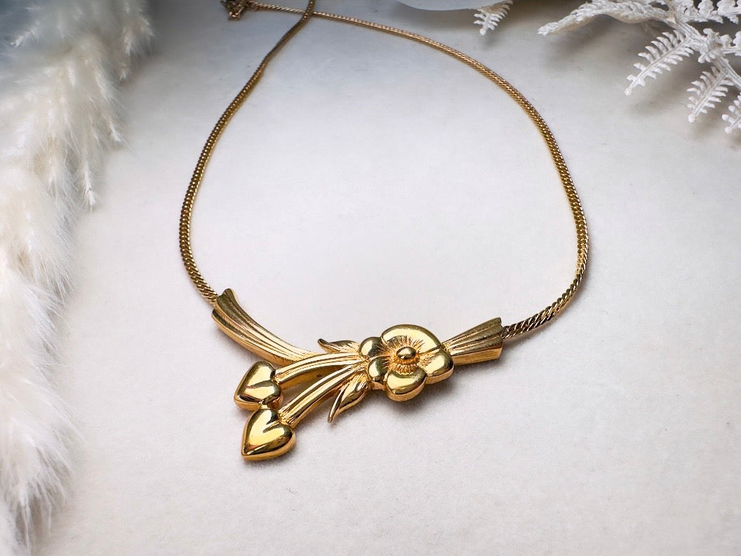 Gold Monet Flower Collar Necklace, Floral Pendant with Golden Hearts on Herringbone Chain