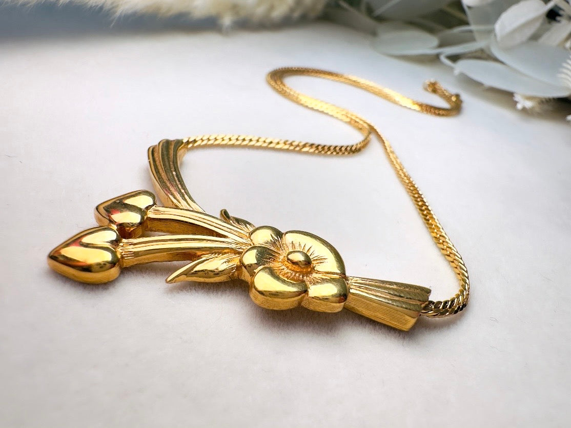 Gold Monet Flower Collar Necklace, Floral Pendant with Golden Hearts on Herringbone Chain