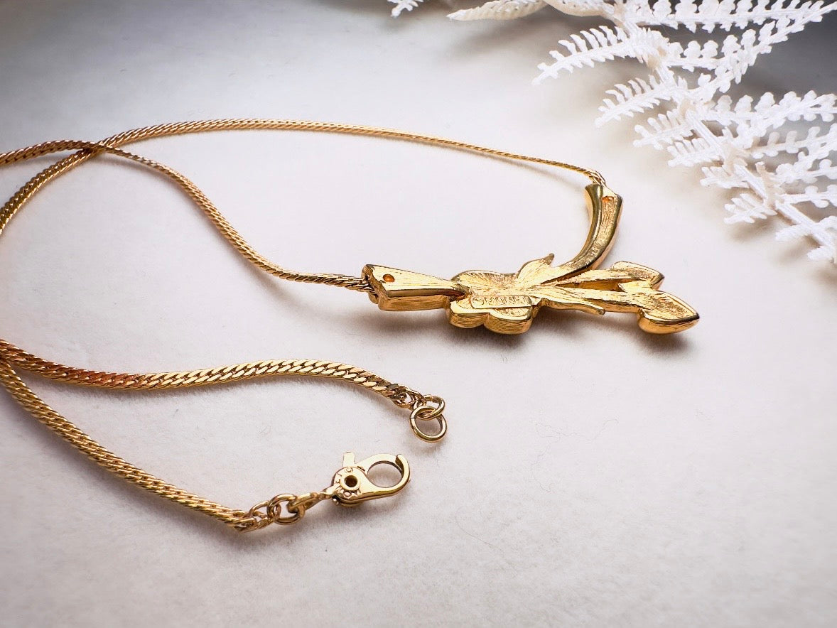 Gold Monet Flower Collar Necklace, Floral Pendant with Golden Hearts on Herringbone Chain