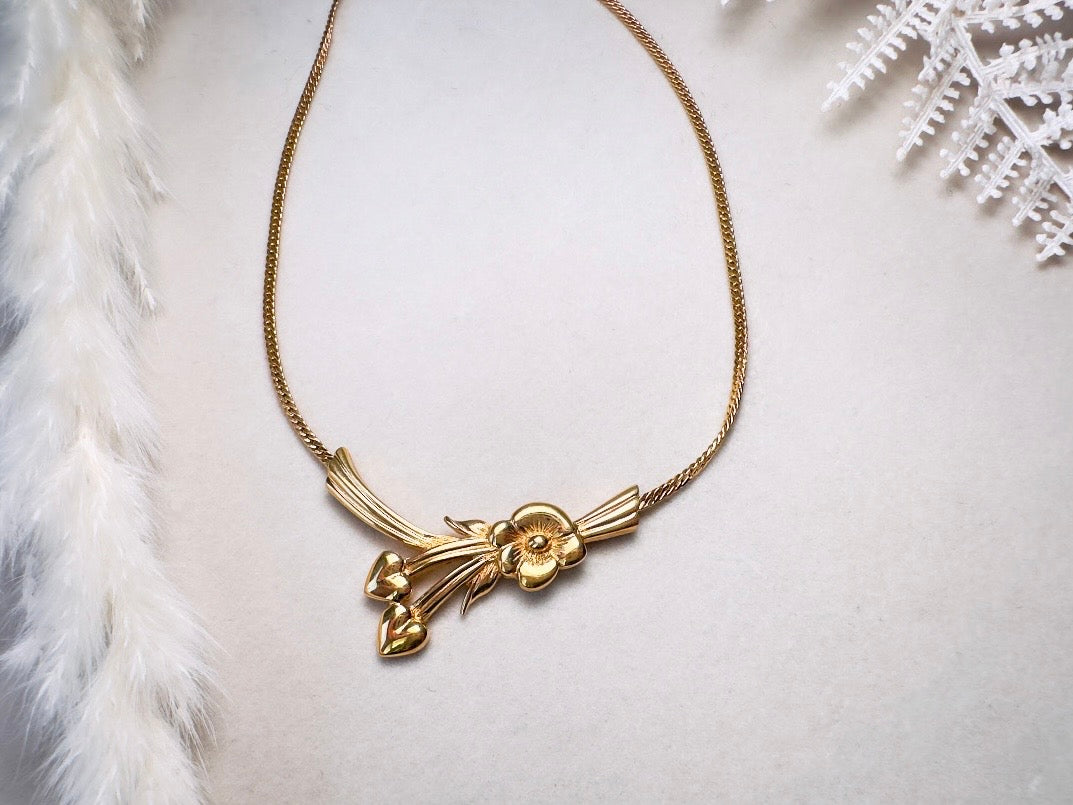 Gold Monet Flower Collar Necklace, Floral Pendant with Golden Hearts on Herringbone Chain