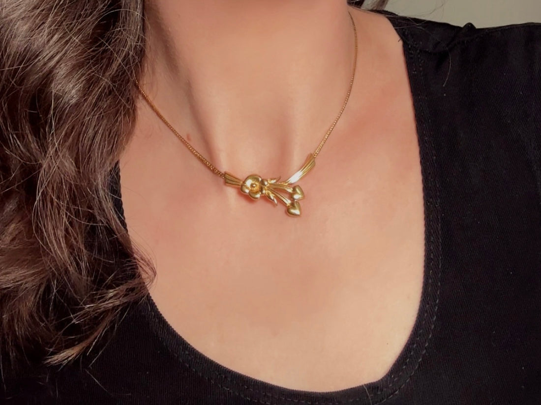 Gold Monet Flower Collar Necklace, Floral Pendant with Golden Hearts on Herringbone Chain