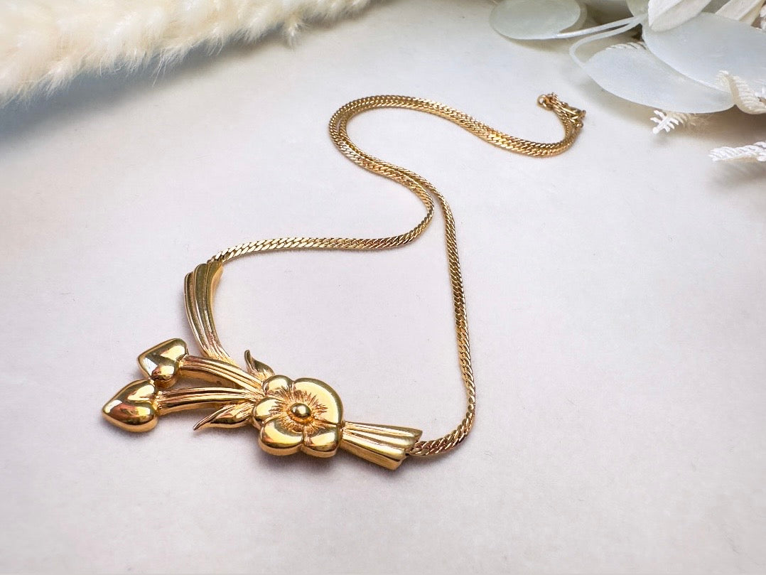 Gold Monet Flower Collar Necklace, Floral Pendant with Golden Hearts on Herringbone Chain