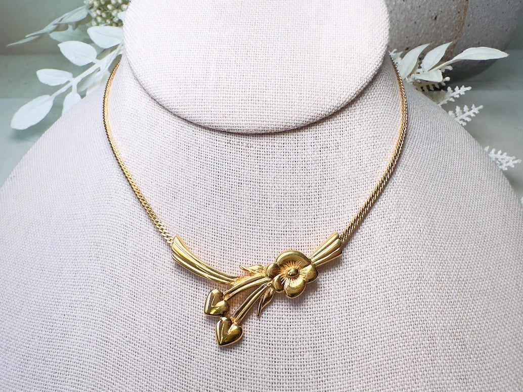 Gold Monet Flower Collar Necklace, Floral Pendant with Golden Hearts on Herringbone Chain