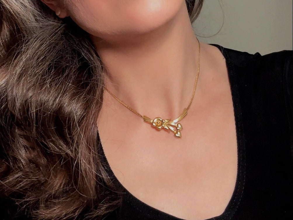 Gold_Monet_Flower_Collar_Necklace_Floral_Pendant_with_Golden_Hearts_on_Herringbone_Chain_7
