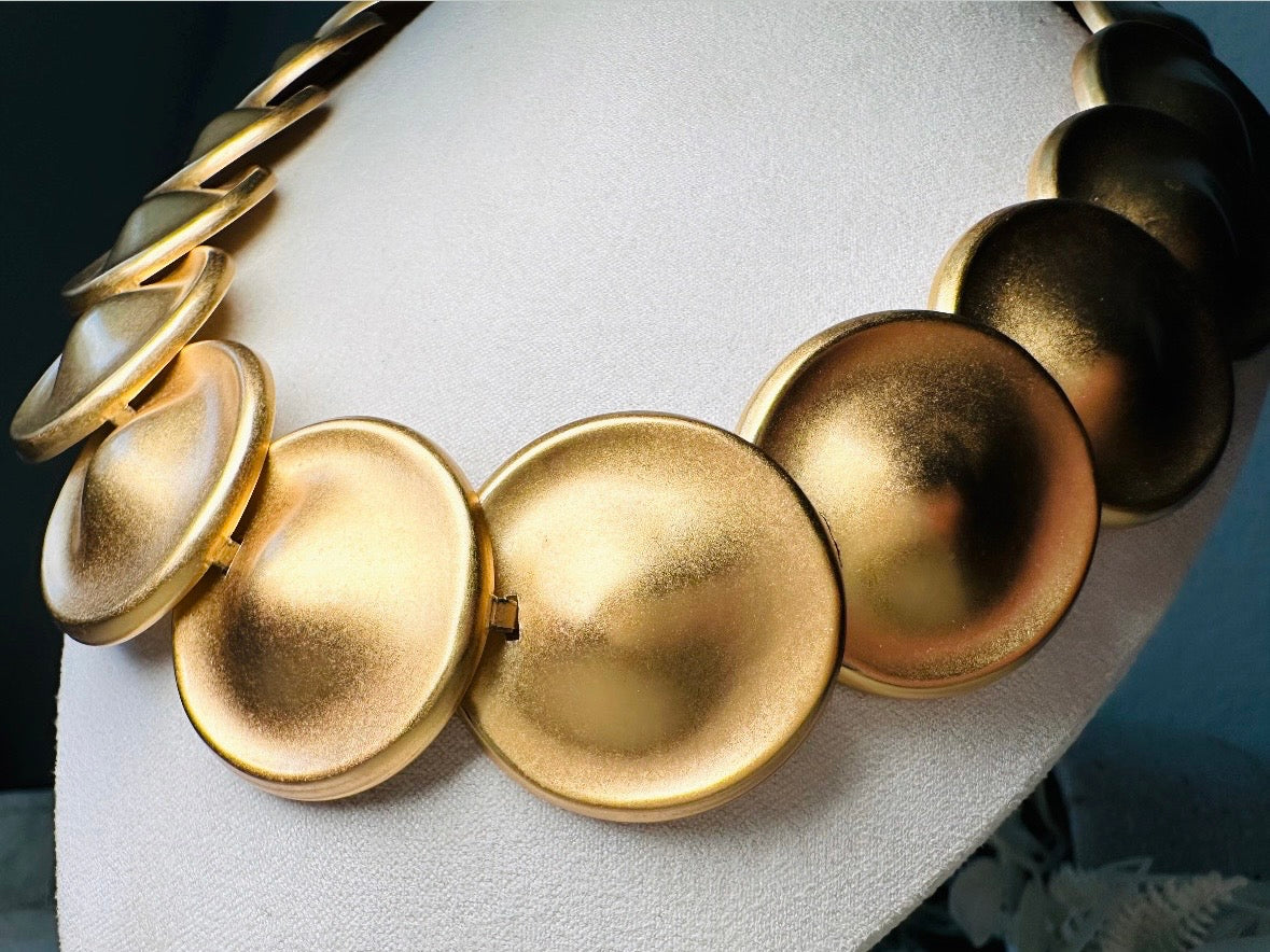 Gold Monet Necklace, Striking Cleopatra Designer Vintage Necklace, 80s Satin Gold Etruscan Choker Necklace