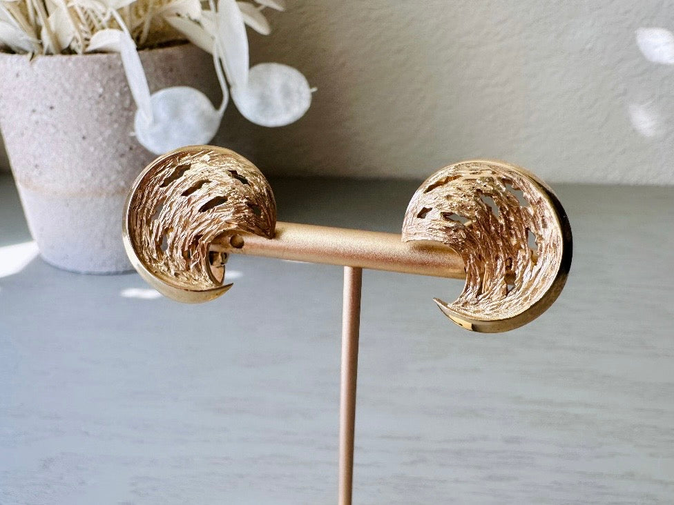 Gold Moon Earrings, 1960s Trifari Vintage Designer Earrings on display