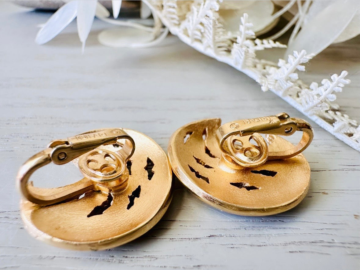 Gold Moon Earrings, 1960s Trifari Vintage Designer Earrings backs