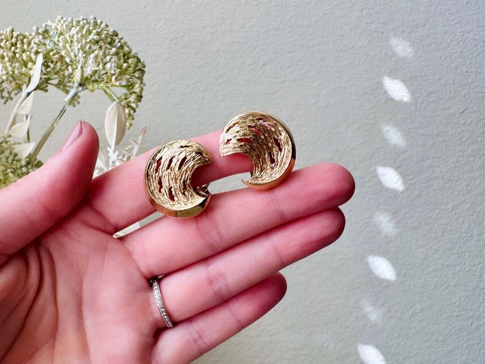 Gold Moon Earrings, 1960s Trifari Vintage Designer Earrings held in hand