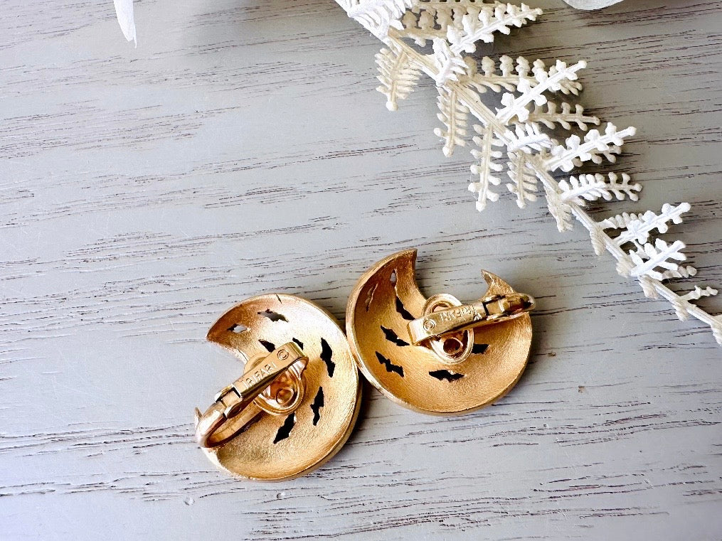Gold Moon Earrings, 1960s Trifari Vintage Designer Earrings from Piggle and Pop back