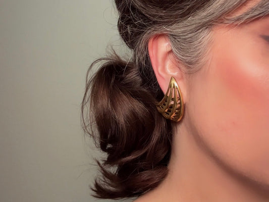 Gold Napier Designer Vintage Pierced 80s Fan Earrings modelled  by Bethan Jayne