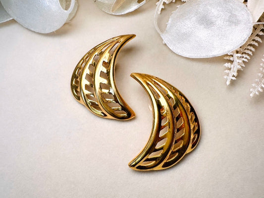 Gold Napier Earrings, Designer Vintage Earrings, Pierced Post 1980s Openwork Curved Fan Earrings