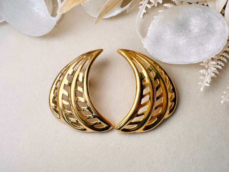 Gold Napier Earrings, Designer Vintage Earrings, Pierced Post 1980s Openwork Curved Fan Earrings
