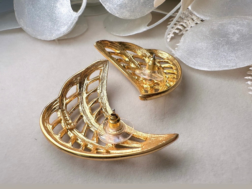 Gold Napier Earrings, Designer Vintage Earrings, Pierced Post 1980s Openwork Curved Fan Earrings