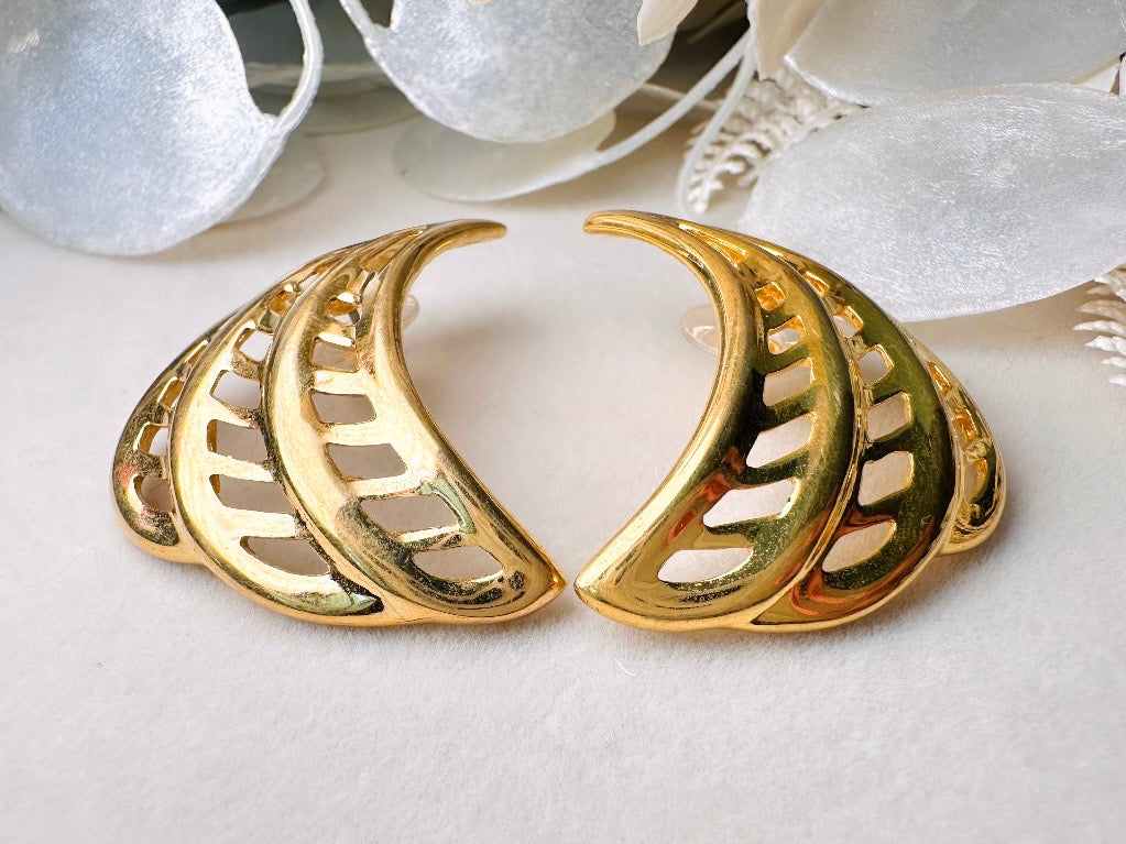 Gold Napier Earrings, Designer Vintage Earrings, Pierced Post 1980s Openwork Curved Fan Earrings