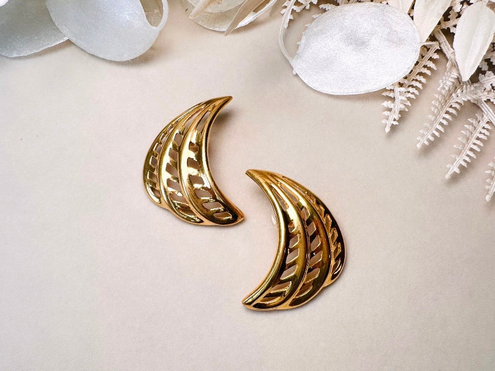 Gold Napier Earrings, Designer Vintage Earrings, Pierced Post 1980s Openwork Curved Fan Earrings