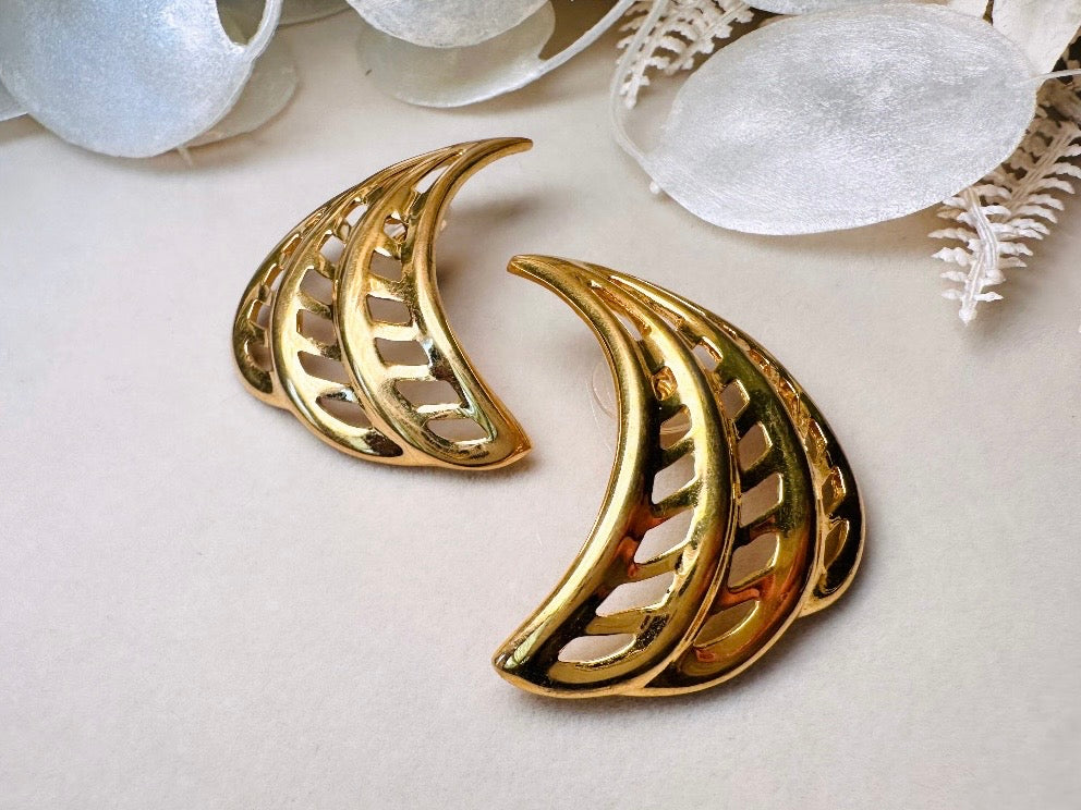 Gold Napier Earrings, Designer Vintage Earrings, Pierced Post 1980s Openwork Curved Fan Earrings