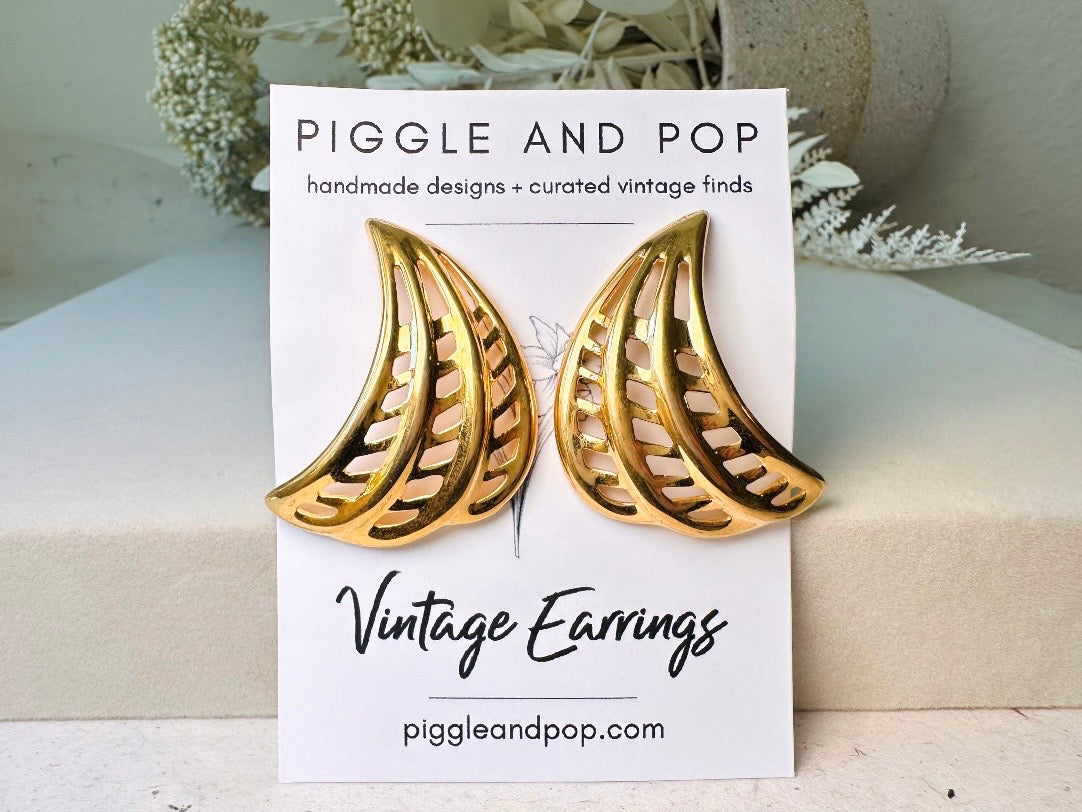 Gold Napier Earrings, Designer Vintage Earrings, Pierced Post 1980s Openwork Curved Fan Earrings