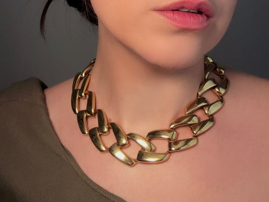 Gold Napier Chunky Polished Chain Necklace modelled by Bethan Jayne