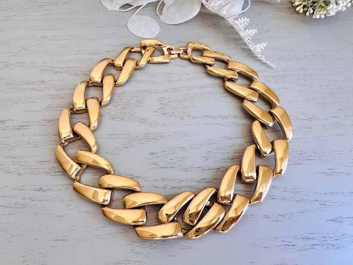 Gold Napier Necklace, Bold Gold Chain Designer Vintage Necklace, 80s Gold Chain Choker Necklace, Large Link Collar Necklace
