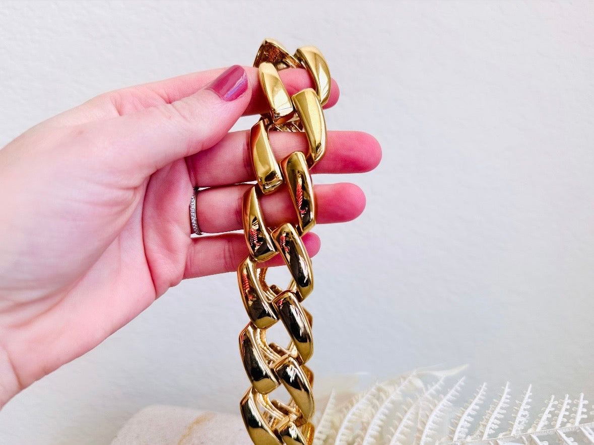 Gold Napier Necklace, Bold Gold Chain Designer Vintage Necklace, 80s Gold Chain Choker Necklace, Large Link Collar Necklace held in hand
