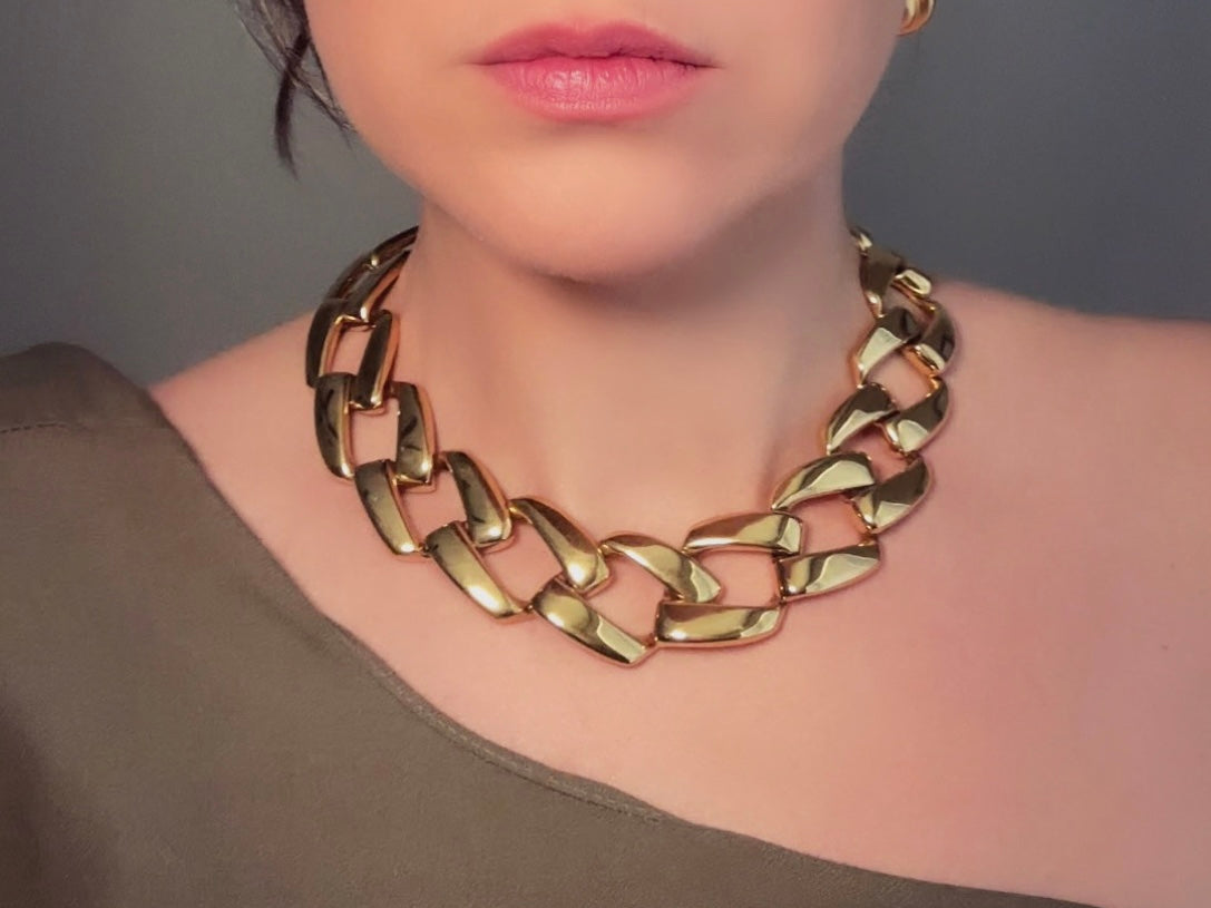 Gold Napier Necklace, Bold Gold Chain Designer Vintage Necklace, 80s Gold Chain Choker Necklace, Large Link Collar Necklace