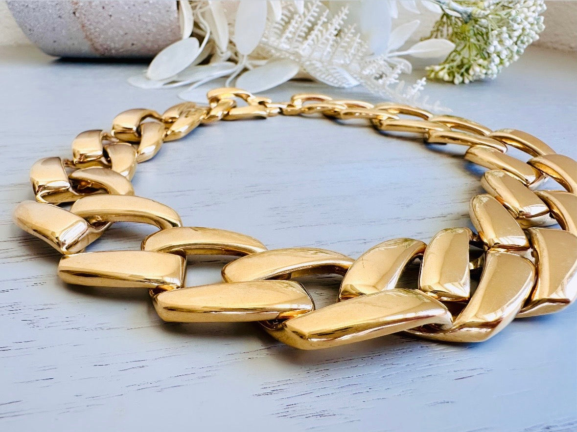 Gold Napier Necklace, Bold Gold Chain Designer Vintage Necklace, 80s Gold Chain Choker Necklace, Large Link Collar Necklace