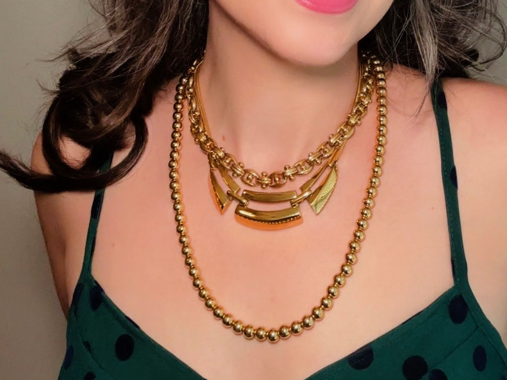Gold Napier Necklace, Geometric Articulated Panel Collar Necklace modelled by Bethan Jayne