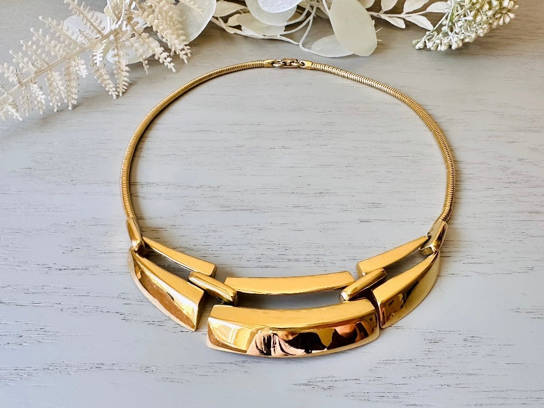 Gold Napier Necklace, Geometric Articulated Panel Collar Necklace close up 