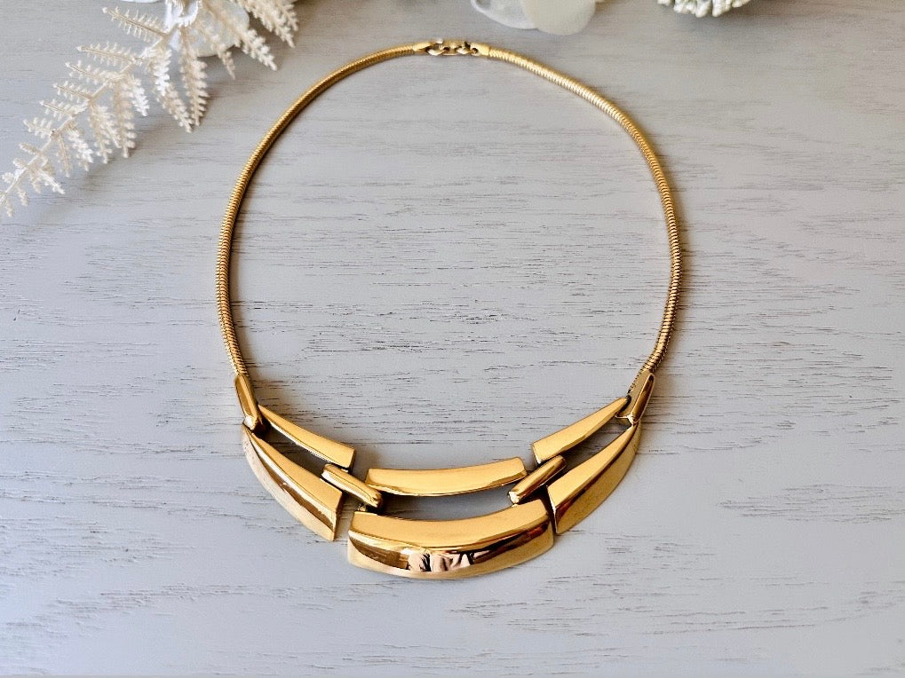 Gold Napier Necklace, Geometric Articulated Panel Collar Necklace