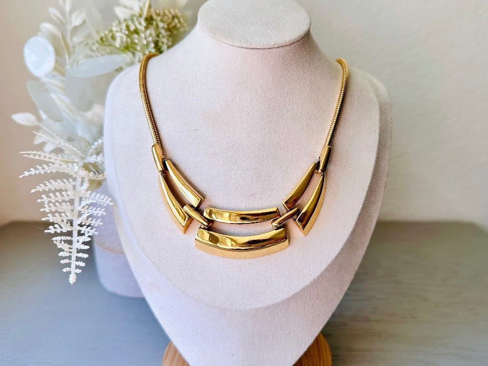 Gold Napier Necklace, Geometric Articulated Panel Collar Necklace modelled on bust
