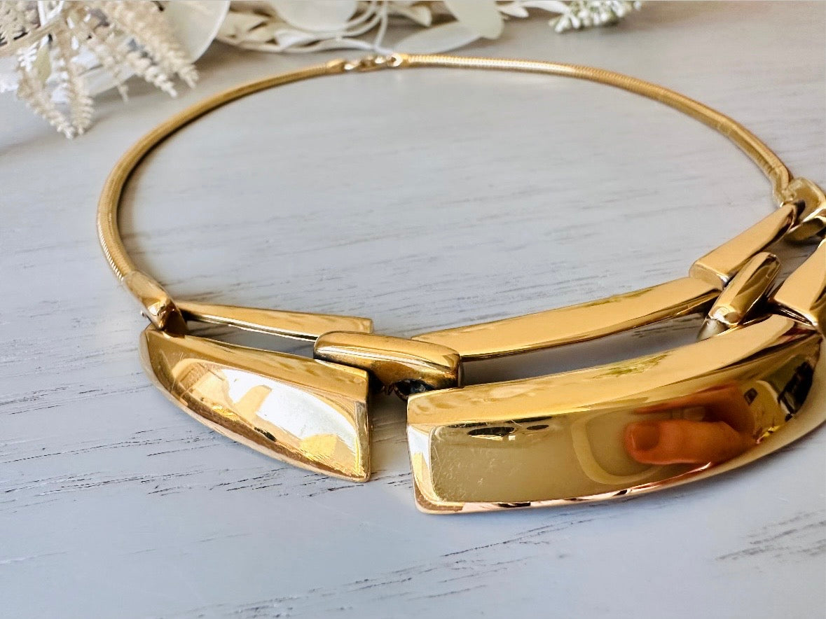 close up shot Gold Napier Necklace, Geometric Articulated Panel Collar Necklace