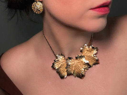 Gold Oak Leaf Necklace, Avant Garde Vintage Napier Necklace, Gold Collar Necklace with Gilded Leaves, 80s Signed Designer Choker Necklace modelled by Bethan Jayne