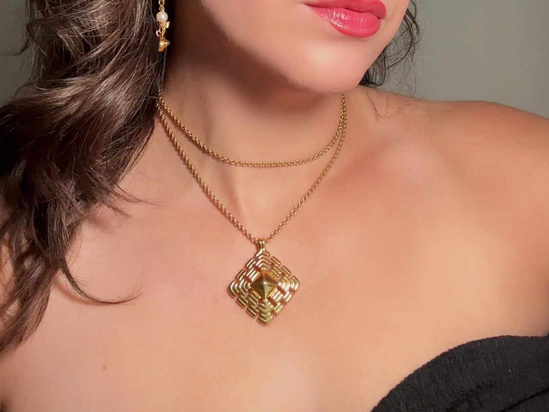 Gold Pendant Necklace, Vintage Monet Gold Chain Necklace with Geometric Focal, Elegant Long Necklace to Double and Layer